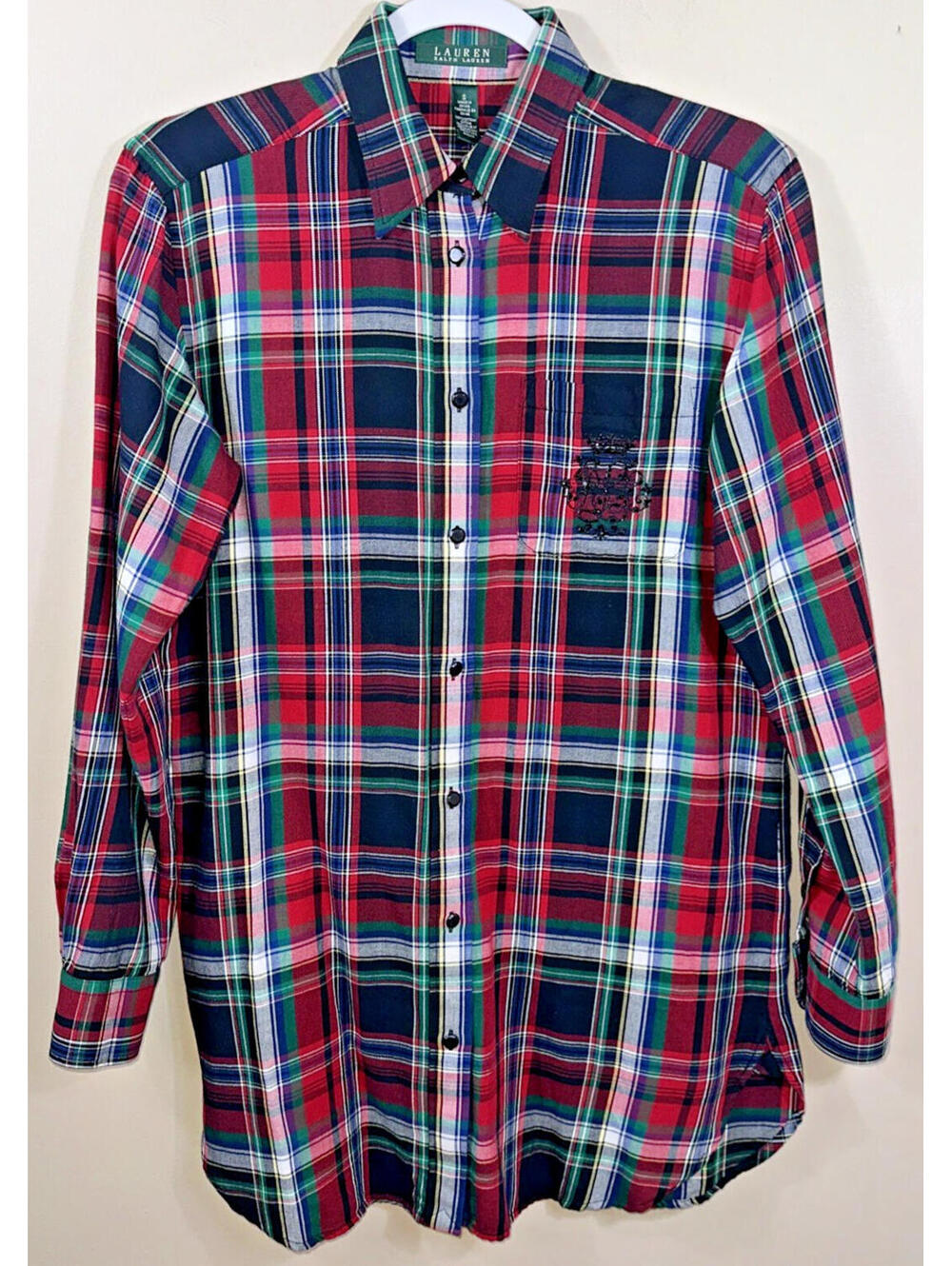 Lauren Ralph Lauren Woman's Size M Plaid Embroidered Shirt Cuff Sleeve Buttons
